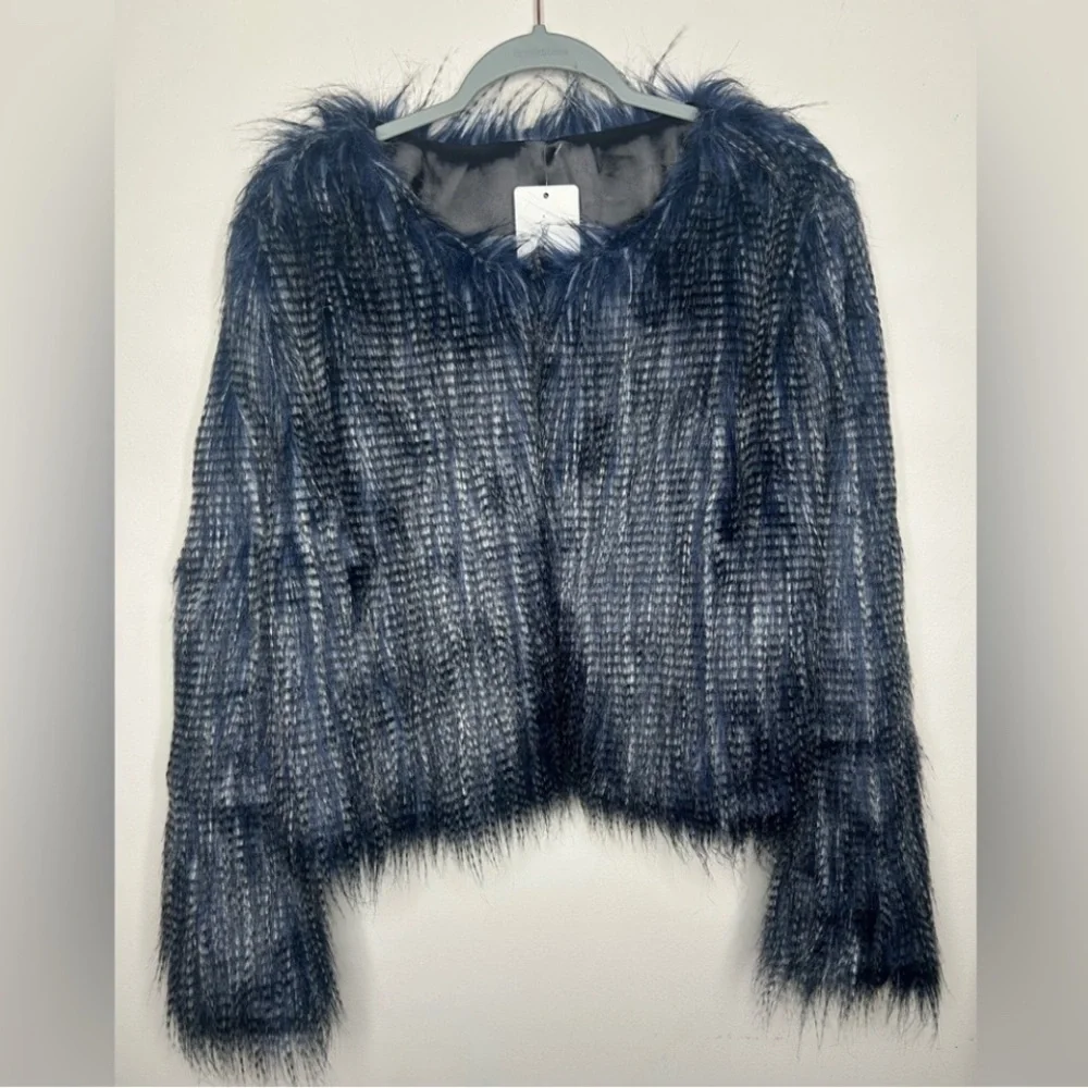 Stylish HOTTIE Faux Peacock Fur Jacket Blue Grey XL new with tags - Picture 2 of 4